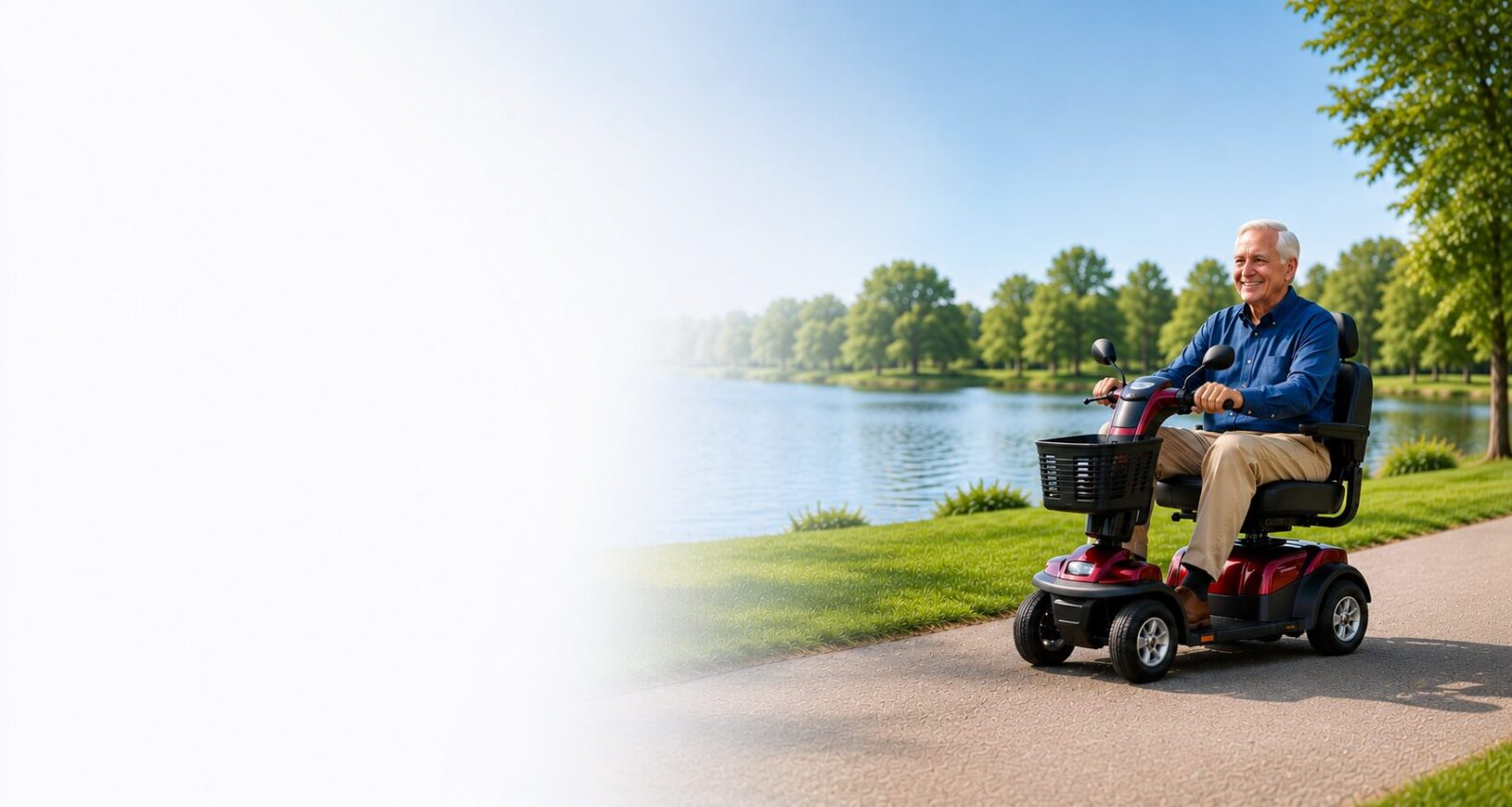 Senior man using a mobility scooter near a peaceful lake